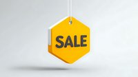 Bright yellow hexagonal sale tag hanging on string against neutral gray background for retail promotion and discount advertising.