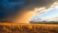Dramatic storm clouds cast golden light over windswept prairie grassland with mountains in background, creating moody atmospheric landscape at sunset.