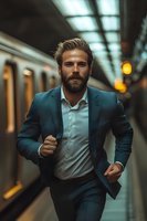Confident businessman running through subway station in formal suit during evening commute. Urban professional lifestyle and transportation concept.