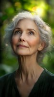 Elegant senior woman with silver hair gazing upward thoughtfully against natural green background, soft sunlight illuminating her serene expression and graceful features.