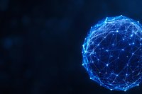 Glowing blue digital sphere made of connected dots and lines floating on dark background represents global network connectivity and technological advancement.