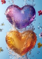 Purple and golden heart shapes formed by water splash with floating flowers and droplets against blue background, romantic Valentine concept.