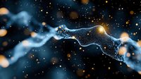 Glowing cosmic particles and energy waves flow through dark space with luminous blue light trails and golden bokeh effects creating mystical atmosphere.