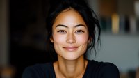 Young Asian woman with natural makeup and messy bun hairstyle smiling warmly at camera against blurred background, radiating confidence and authenticity.
