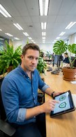 Male professional, Caucasian, wearing blue button-up shirt, holding tablet with design software at wooden desk in modern office with green plants and colleagues working in background.