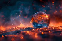 Magical crystal ball glowing with orange and blue lights against dark background with bokeh effects, mystical fortune telling sphere on sparkling surface.
