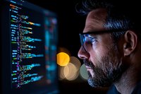 Middle-aged Caucasian male developer with glasses and beard looking at programming code on dark screen with blue glow and bokeh lights in background.