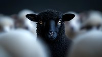 Black sheep stands out from white flock, close up portrait with selective focus on face showing unique personality and individuality in nature setting.
