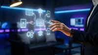 Businessman hand touching digital education icons including books, gears, and learning symbols floating in neon blue and purple light. Corporate training concept.