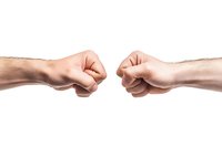 Two clenched fists facing each other against white background, symbolizing confrontation, competition, conflict or challenge in business and personal relationships.