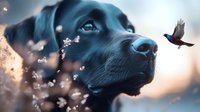 Black Labrador retriever in profile view watching flying bird against blurred sunset background with bokeh lights and snowflakes creating magical atmosphere.
