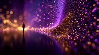 Silhouette of person walking on reflective surface amid magical purple and gold bokeh lights creating dreamy atmospheric scene with glowing particles.