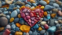 Heart-shaped arrangement of red pebbles surrounded by colorful smooth stones on beach. Love symbol made from natural materials for romantic designs.