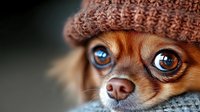 Adorable Chihuahua puppy wearing knitted brown beanie hat, close-up portrait showing bright blue eyes and tiny nose against blurred background.