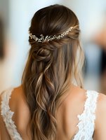 Elegant bridal hairstyle with pearl hairpiece, half-up twisted style with loose waves, showing lace wedding dress detail from behind. Romantic wedding day look.