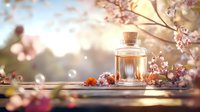 Dreamy lantern with cork stopper among spring cherry blossoms at sunset, soft bokeh lights and floating bubbles create magical atmosphere for wellness design.