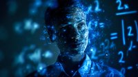 Digital transformation concept with businessman face dissolving into glowing blue data particles and binary code in futuristic technology environment.