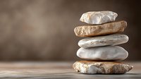Balanced stack of smooth river stones creating zen meditation tower on wooden surface with soft blurred background for wellness and mindfulness concepts.