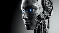 Futuristic humanoid robot head with glowing blue eye and metallic components showcasing advanced artificial intelligence technology and cybernetic design.