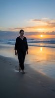 Young woman walking barefoot on beach at golden sunset with ocean waves and dramatic sky reflecting on wet sand creating peaceful moment.