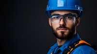 Professional construction worker in blue hard hat and safety glasses with beard on dark background for industrial workplace safety concepts.