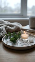 Cozy home spa setup with burning candle, eucalyptus leaves and sea salt on wooden tray near window. Relaxation and self-care concept for wellness lifestyle.