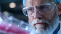 Senior male scientist with gray beard wearing protective goggles examines pink liquid in laboratory glassware during medical or chemical research experiment.