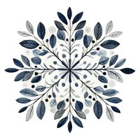 Symmetrical floral mandala pattern in navy blue and gray tones with delicate leaves and berries arranged in circular design, isolated on white background.