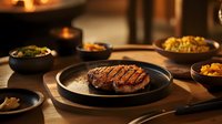 Grilled ribeye steak with grill marks on black ceramic plate, served with side dishes in dark bowls on wooden table, atmospheric restaurant lighting.