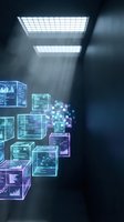 Futuristic digital interface with holographic data cubes and screens floating in modern tech environment with dramatic lighting for business presentations.