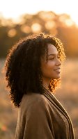 Young African American woman with curly hair smiling in warm golden hour sunlight, natural outdoor portrait with soft bokeh background for lifestyle content.
