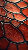 Macro shot of red leather texture with deep crackled pattern and dark grooves creating natural geometric shapes, suitable for luxury design backgrounds.