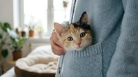 Tabby kitten peeking out from inside gray sweater pocket held by person's hand, cozy home interior with plants and window background, pet care and companionship concept.