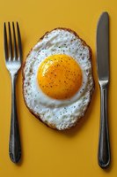 Sunny side up fried egg with black pepper seasoning on vibrant yellow background, served with vintage silver fork and knife for breakfast or brunch setting.
