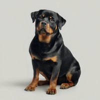 Purebred Rottweiler dog sitting against neutral beige background, showing distinctive black and tan markings, powerful build and alert expression.