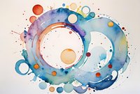 Abstract watercolor spiral in blue, purple and orange tones with splashes and circles creates dynamic cosmic motion effect on white background. Suitable for wall art.