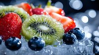 Fresh mixed berries and kiwi with water drops on dark background, macro shot of juicy fruits with bokeh lights, healthy food photography.