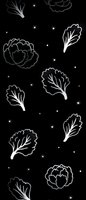 Minimalist black and white pattern with floating lettuce leaves and cabbage heads scattered among tiny stars, creating a cosmic vegetable design for fabric prints.