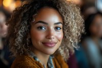 Young African American woman with natural curly blonde hair smiling warmly at camera, wearing orange sweater against blurred background. Close up portrait with soft lighting.
