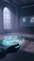 Hand holding glowing holographic brain with neural networks in gothic interior for artificial intelligence and neuroscience concepts.