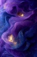 Mystical purple and blue cosmic waves with golden glitter particles flowing through dark space create dreamy abstract background for luxury designs.
