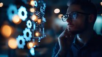 Young Caucasian businessman in glasses looking at futuristic holographic gears interface with glowing bokeh lights in dark office space, technology concept.