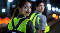 Young Asian woman wearing reflective safety vest smiling at night with coworker in background, urban setting with bokeh lights for construction or roadwork safety.