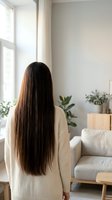Young Asian woman with long straight dark hair seen from behind, standing in a bright Scandinavian-style living room near a window.