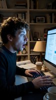 Shocked male professional with curly dark hair working at computer desk in home office, displaying surprised expression while typing on keyboard with monitor displaying data charts.