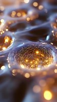 Glowing neural network sphere with interconnected light points floating in abstract space, surrounded by golden bokeh effects and luminous particles.