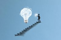 Minimalist figure climbing stairs towards glowing lightbulb sketch on blue background, representing career growth, innovation and goal achievement concept.