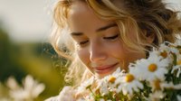 Young blonde woman with gentle smile surrounded by white daisies in warm sunset light, creating serene natural portrait.