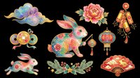 Colorful Chinese New Year decorative elements isolated on transparent background. Features festive rabbits, lanterns, fans, clouds, and floral ornaments ready for t-shirt design, clipart, stickers, and print-on-demand projects.