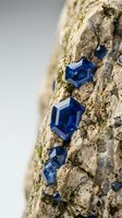 Blue sapphire gemstones embedded in natural rock formation with moss and lichen creating organic mineral specimen for geology and jewelry design concepts.